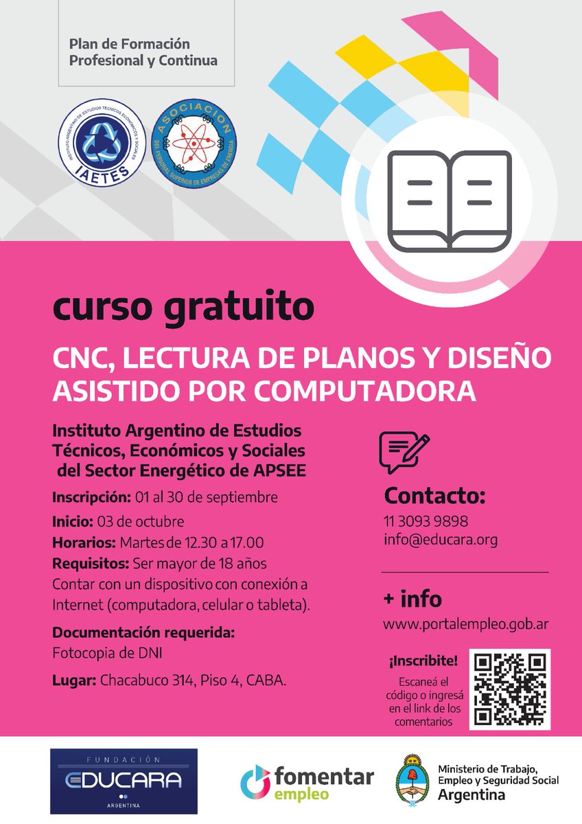 💻 CNC, Lectura de Planos y Diseño asistido por Computadora.
✅ Modalidad Semipresencial
✅ Inicio 3 de Octubre 2023
✅ Organiza: <a href="/educaraorg/">Fundación Educara</a> 

Inscripciones: forms.gle/yxapLxNRMTuvd3…

Más Información:
📩 info@educara.org
📞1130939898
