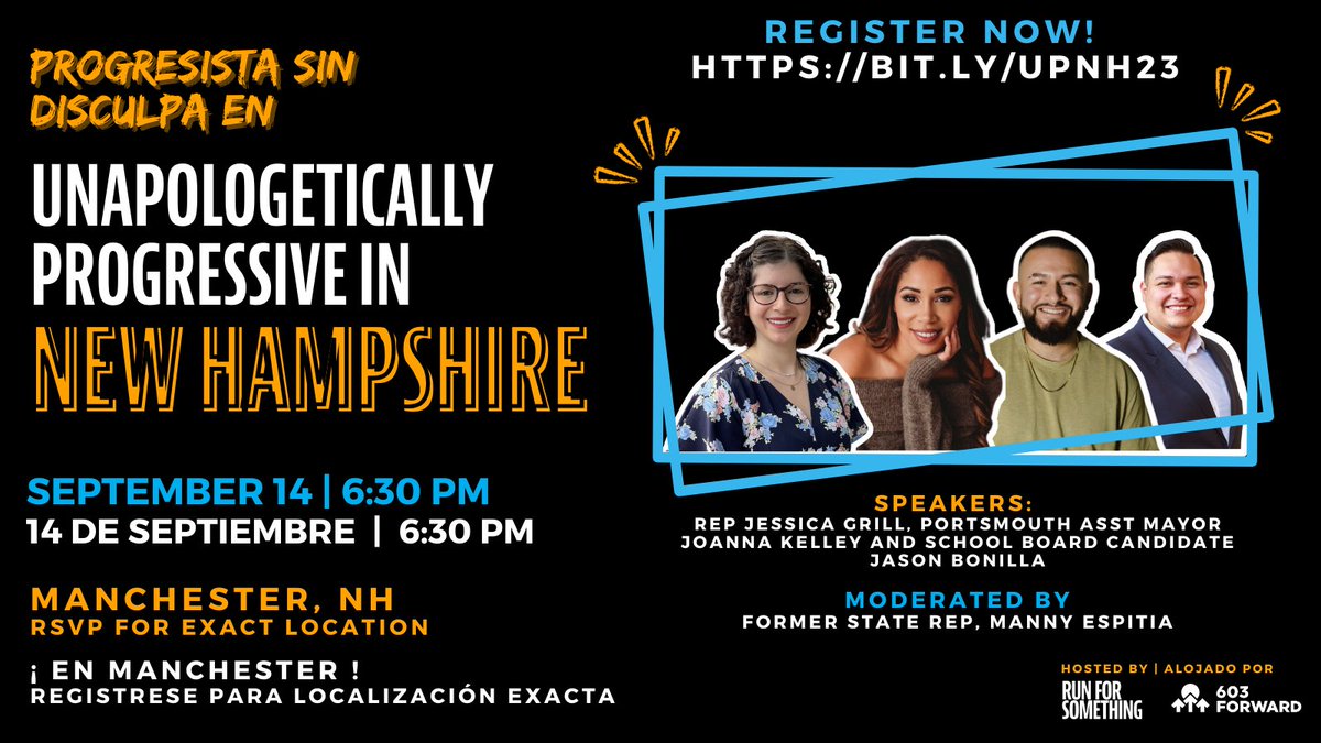 603Forward's tweet photo. 📣 ATTENTION NH 📣
You don’t want to miss this! On September 14, we’re joining @RunForSomething for their first-ever in-person event in Manchester + you should come on out! (Did we mention there will be free food + drinks?) Don’t miss out! https://t.co/OLqd9QPviE #UP2023 #UPNH https://t.co/OjyMk8KmMq