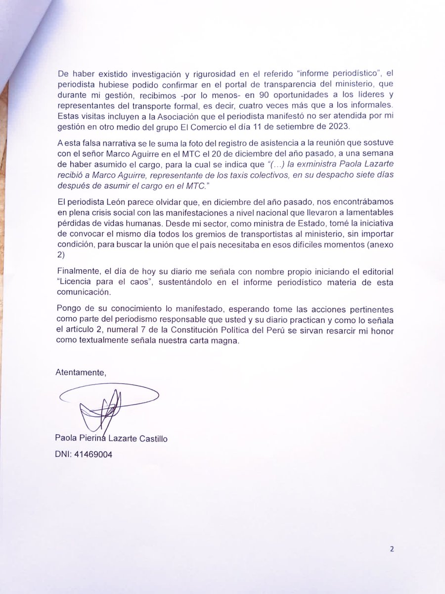 Paola_LazarteC's tweet photo. Envié una carta a @elcomercio_peru solicitando las medidas correctivas pertinentes, así como el resarcimiento de mi honor, tras haber publicado un informe periodístico falaz y tendencioso en el que se me acusa de tener una agenda pro colectivos durante mi gestión a cargo del MTC. https://t.co/yH9WdFVClQ