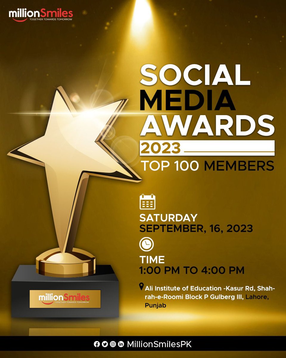 Date:  *Saturday 16 September, 2023*

Time: *1:00 PM to 4:00 PM*

Venue: *Ali institute of Education- kasur Road, Shahrah-e-Roomi Block P Gulberg 3, Lahore Punjab.*

#MillionSmiles #SocialMediaAwards #BestInfluencer