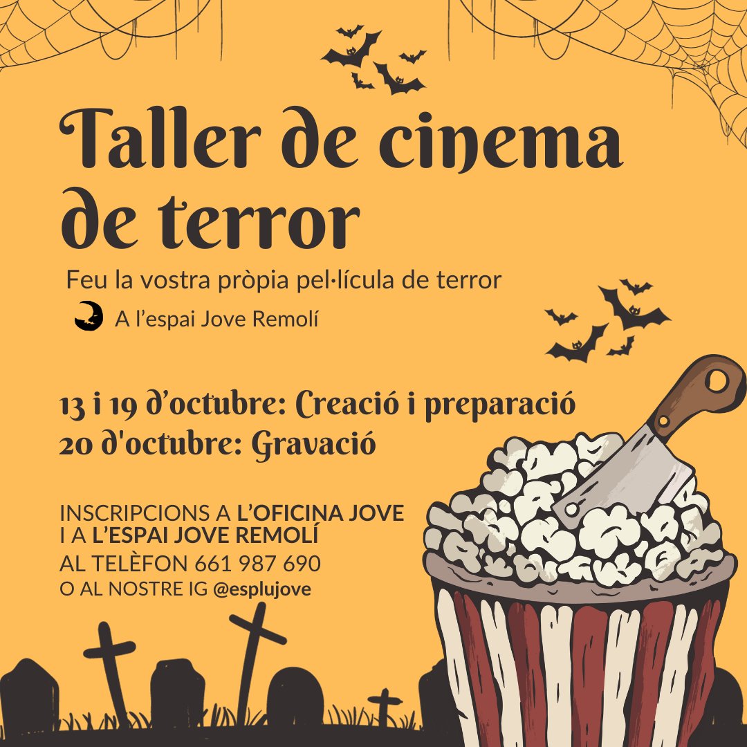 Esplujove's tweet photo. 👻Us agradaria fer la vostra pròpia pel·lícula de terror?👻
🎃Doncs ara és el moment amb el taller que farem a l'octubre! Teniu fins al 6 d'octubre per apuntar-vos, així que ja sabeu, si el que voleu és fer la vostra pel·lícula de terror, és el moment!🎃
#PlayfulEsplugues https://t.co/i5rI9jOGvx