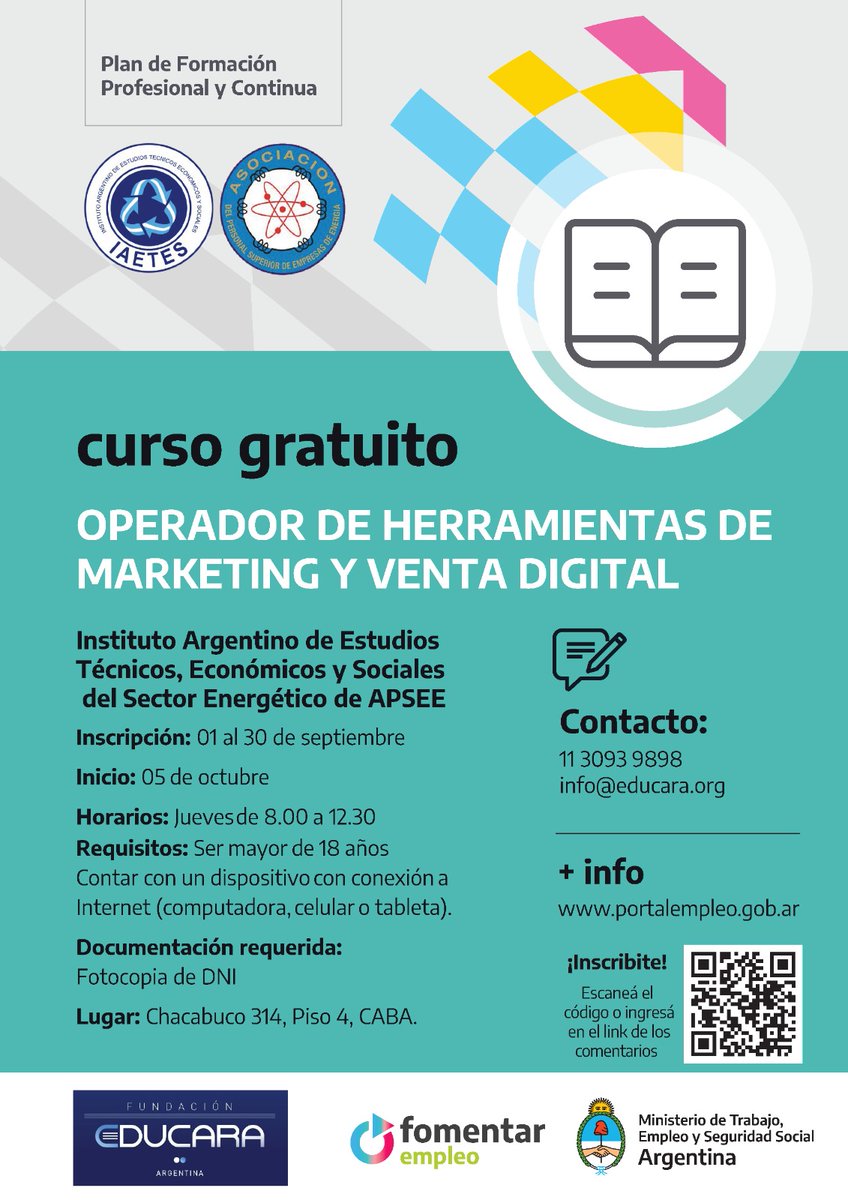 💻 Operador de Herramientas de Marketing y Venta Digital.
✅ Modalidad Semipresencial
✅ Inicio 5 de Octubre 2023
✅ Organiza: <a href="/educaraorg/">Fundación Educara</a> 

Inscripciones: forms.gle/yxapLxNRMTuvd3…

Más Información:
📩 info@educara.org
📞 1130939898