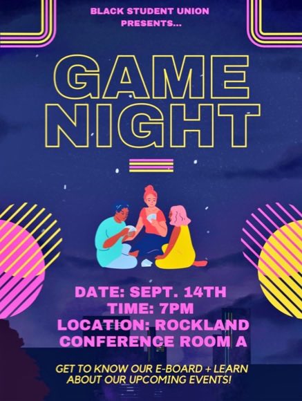 Welcome back, BSU! This Thursday is our first meeting of the year! I hope to see you all at 7pm in Rockland Conference Room A.
