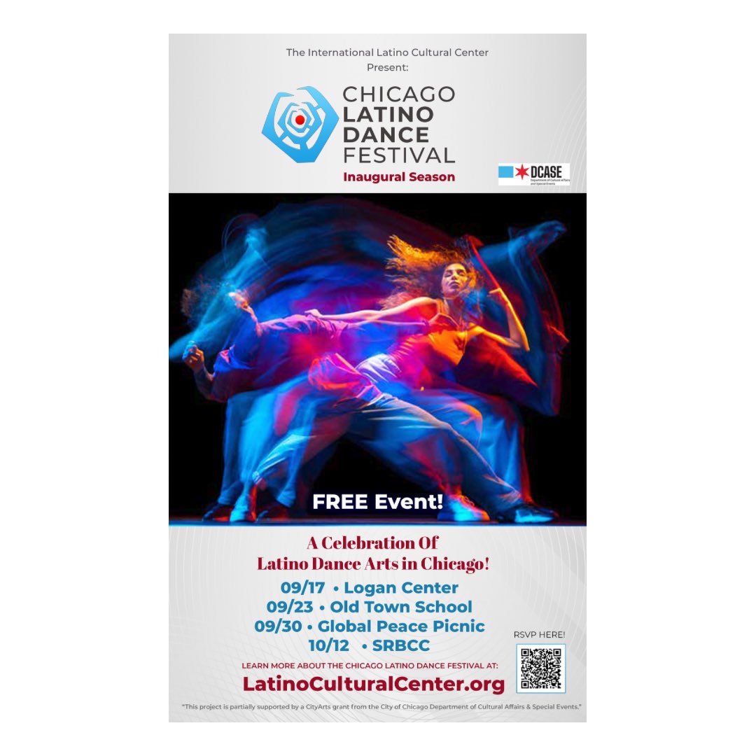 📣Chicago Latino Dance Festival
💃Inaugural Season✨FREE Event 

🎊First Day- This Sunday, Sept 17th 
⏰2-8pm 

🗓️09/17 📍Logan Center 
🗓️09/23 📍Old Town School
🗓️09/30 📍Global Peace Picnic 
🗓️10/12 📍SRBCC