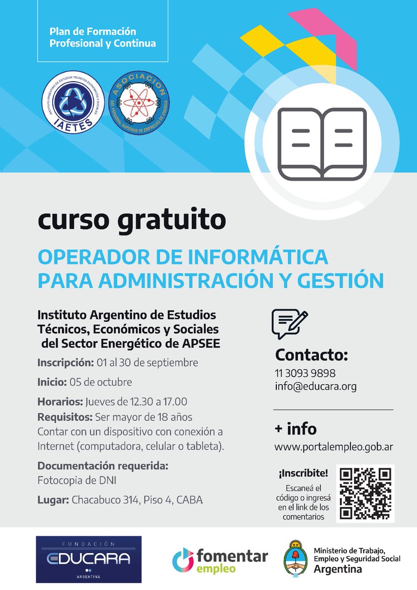 💻 Operador de Informática para Administración y Gestión.
✅ Modalidad Semipresencial
✅ Inicio 5 de Octubre 2023
✅ Organiza: <a href="/educaraorg/">Fundación Educara</a> 

Inscripciones: forms.gle/yxapLxNRMTuvd3…

Más Información:
📩 info@educara.org
📞 1130939898