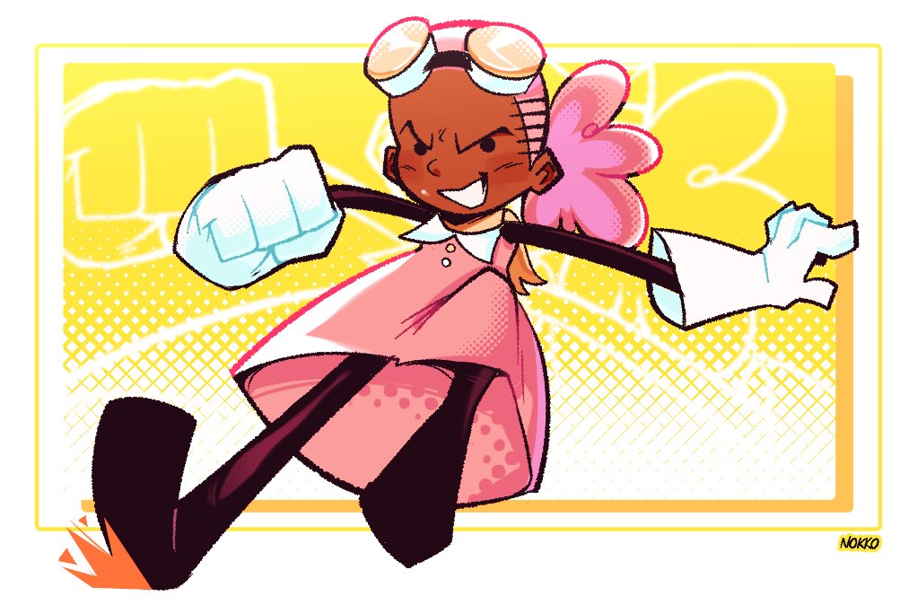 dark skin goggles 1girl pink dress pink hair gloves solo  illustration images