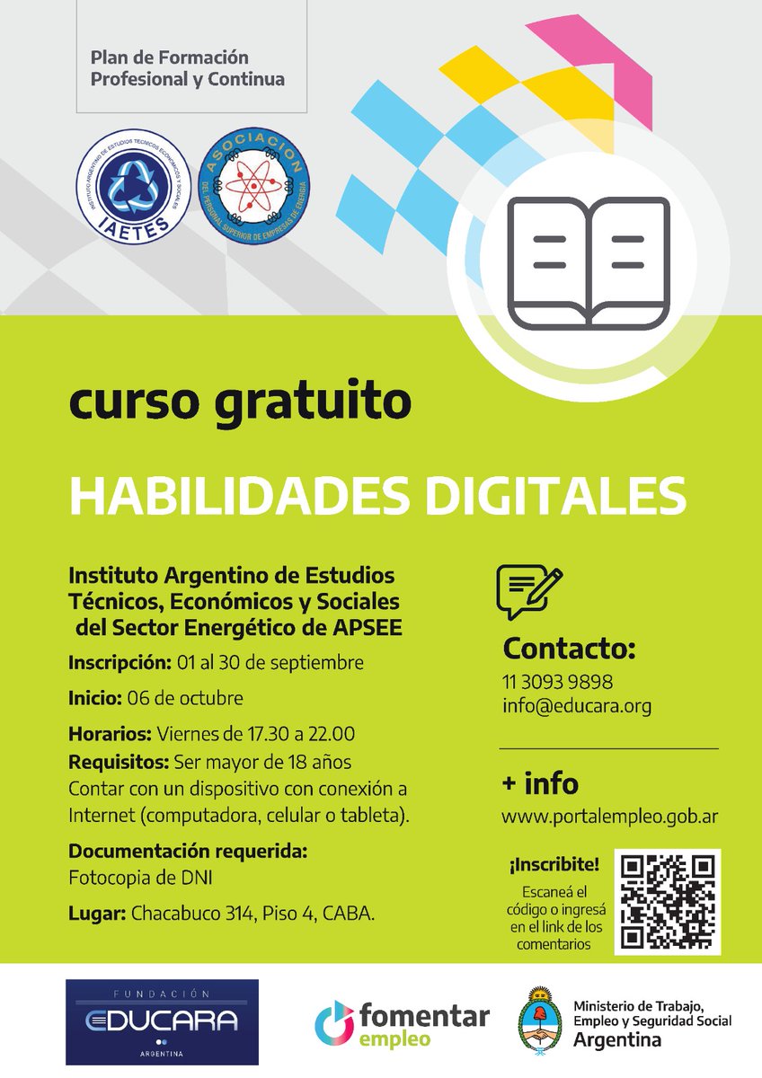 💻 Habilidades Digitales.
✅ Modalidad Semipresencial
✅ Inicio 6 de Octubre 2023
✅ Organiza: <a href="/educaraorg/">Fundación Educara</a> 

Inscripciones: forms.gle/yxapLxNRMTuvd3…

Más Información:
📩 info@educara.org
📞 1130939898