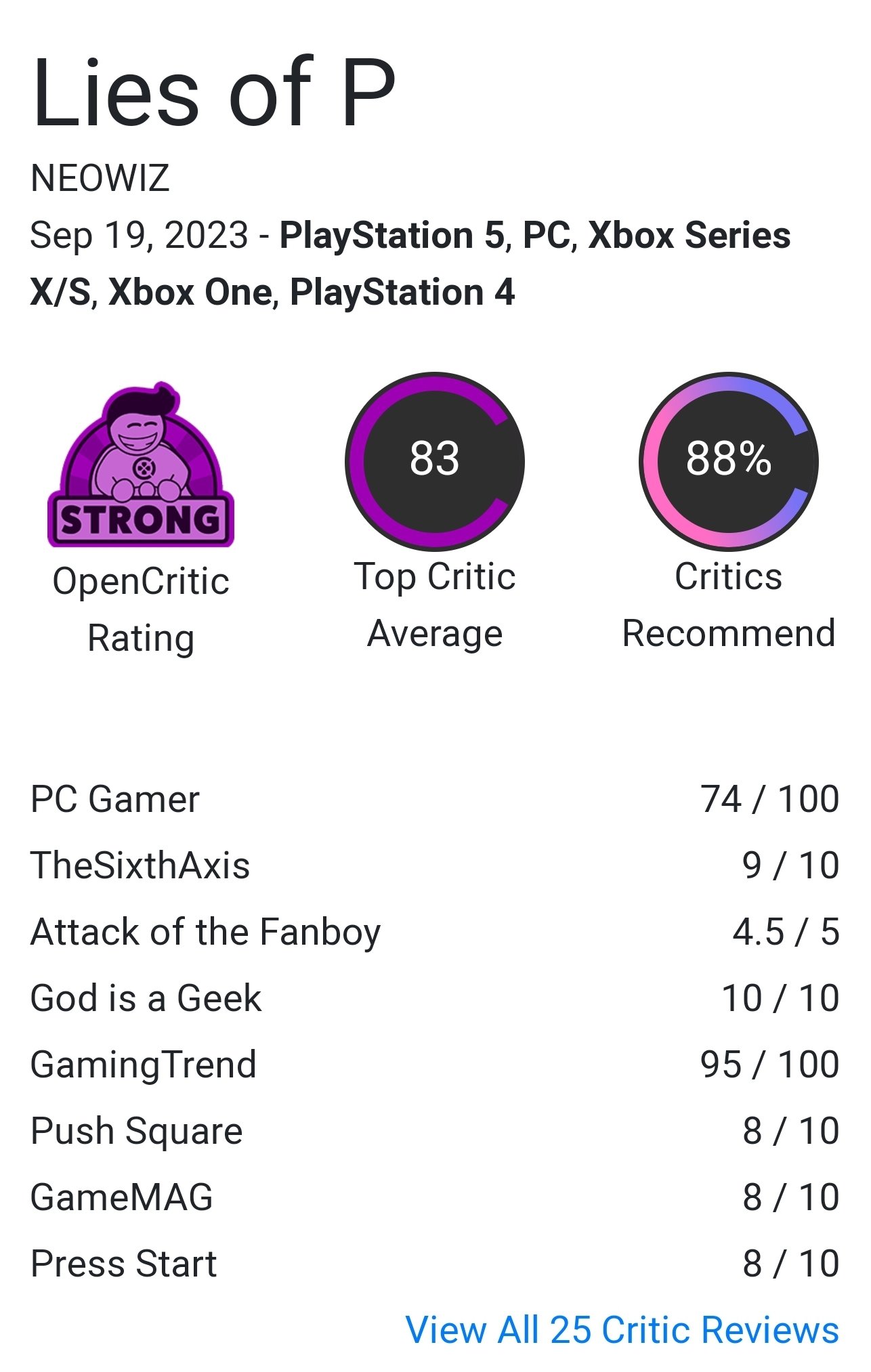 Knoebel on X: Lies of P Reviews PCGamer 74 TheSixthAxis 9/10 Attack of the  Fanboy 4.5/5 God is a Geek 10/10 GamingTrend 95 Push Square 8/10 TechRaptor  7/10 Siliconera 7/10 Hey Poor