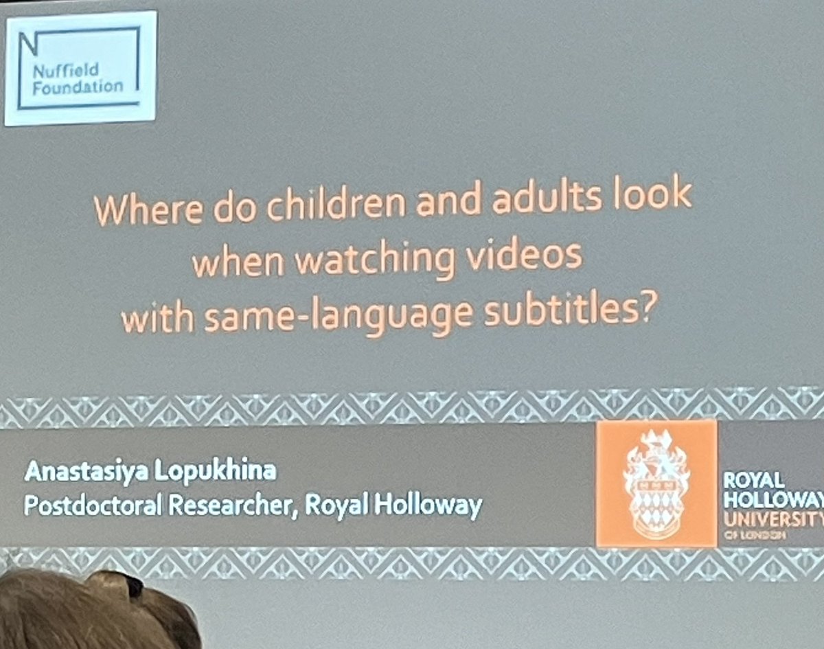 KimBuck80's tweet image. Really enjoyed listening to the lightning talk by Anastasia Lopukhina using eye tracking to investigate where children and adults look when watching videos with same-language subtitles #CogDev2023 @BPSDevSection @BPSCognitive