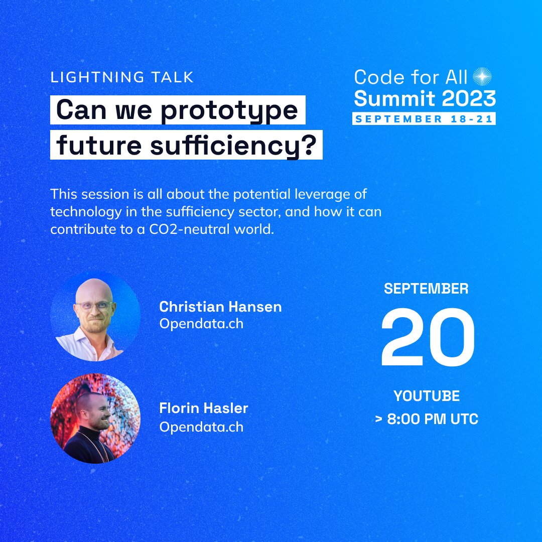 Code for All (@codeforall) on Twitter photo Join us for a lightning talk on "Prototyping Future Sufficiency"! 🚀 Discover how #CivicTech can shape a CO2-neutral world with <a href="/OpendataCH/">Opendata.ch (@OpendataCH@mastodon.social)</a>.
🗓️ September 20, 8 PM UTC
Register: bit.ly/CfAllS23 Join us for a lightning talk on "Prototyping Future Sufficiency"! 🚀 Discover how #CivicTech can shape a CO2-neutral world with <a href="/OpendataCH/">Opendata.ch (@OpendataCH@mastodon.social)</a>.
🗓️ September 20, 8 PM UTC
Register: bit.ly/CfAllS23