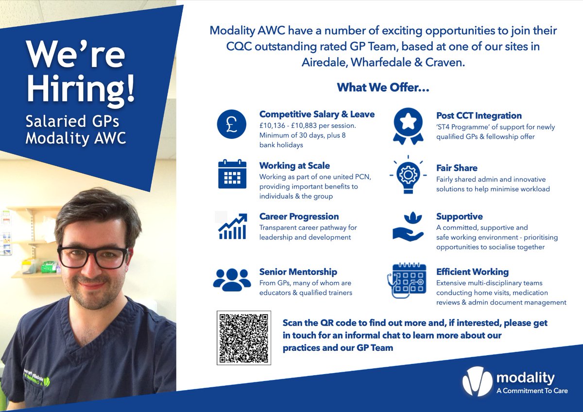 AwcModality's tweet photo. We're hiring GPs! We have a number of exciting opportunities... want to find out more? If you would like an informal chat with one of our GP Team please email info@modalitypartnership.com - we would love to hear from you!
#salariedgp #gpjobs #GPjob #GPPractice #yorkshiregps https://t.co/8RTZZ4DwUh