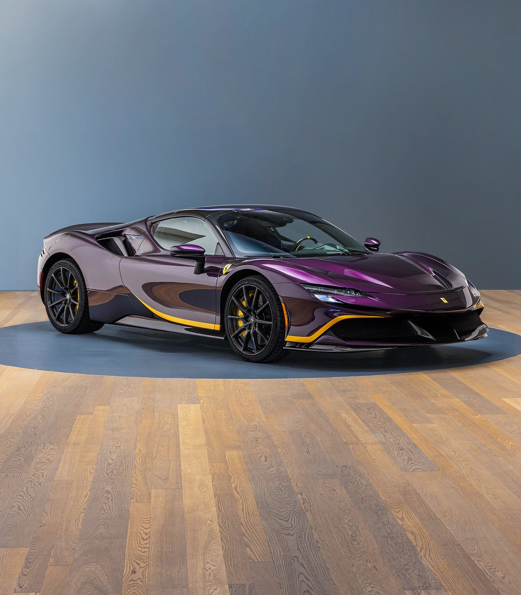 Ferrari's tweet photo. This #FerrariSF90Spider, created thanks to the #FerrariTailorMade programme, has an aggressive, sporty look.

The Giallo Libano livery shines in contrast with the Viola Hong Kong paintwork, and the tones of interiors echo perfectly with the exterior finish of the car.

#Ferrari https://t.co/JWkxnsRW9I
