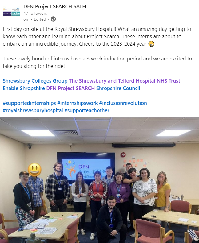 🏥Our first Intern group photo!🏥 <a href="/dfnsearch/">DFN Project SEARCH HQ</a> <a href="/enableshrop/">enable</a> @shropshirecouncil <a href="/sathnhs/">SaTH</a> @ShrewsColGroup