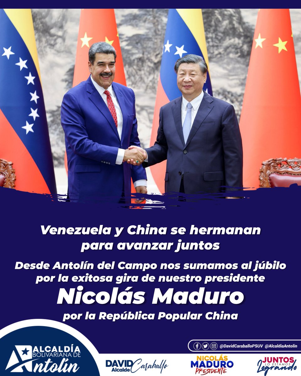 Desde el municipio Antolín del Campo, felicitamos a nuestro presidente Nicolás Maduro y todo su equipo de trabajo por la exitosa gira en la República Popular China. 

#13Septiembre
#XiJinpingYMaduro

<a href="/nicolasmaduro/">Nicolás Maduro</a> 
<a href="/alessandrello/">rosarioalessandrello</a>.ve
<a href="/AmkValentina/">América Valiente🇻🇪</a> 
<a href="/PartidoPSUV/">PSUV</a>