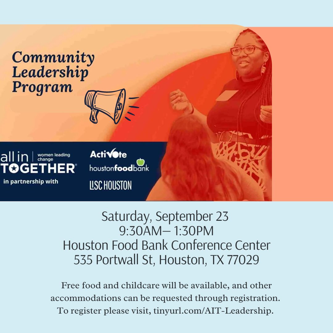 Houston Complete Communities (@completehouston) on Twitter photo September is #HungerActionMonth! Join <a href="/HoustonFoodBank/">Houston Food Bank</a> and partners like @AllInTogetherand <a href="/LISC_Houston/">Houston LISC</a> Houston for the AIT Community Leadership Program. Event on Sept 23, 9:30 a.m. - 1:30 p.m. at Houston Food Bank.
Register: tinyurl.com/AIT-Leadership. September is #HungerActionMonth! Join <a href="/HoustonFoodBank/">Houston Food Bank</a> and partners like @AllInTogetherand <a href="/LISC_Houston/">Houston LISC</a> Houston for the AIT Community Leadership Program. Event on Sept 23, 9:30 a.m. - 1:30 p.m. at Houston Food Bank.
Register: tinyurl.com/AIT-Leadership.