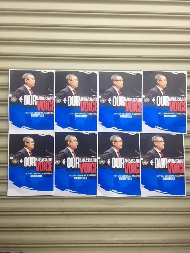 Chan45704011's tweet photo. In Yangon, led by the revolutionary youth, on September 13th, U Kyaw Moe Tun was campaigned to continue to be approved by the United Nations Assembly as ambassador.

#2023Sep12Coup 
#NoMoreDirtyDeals
#DoMoreSingapore 
#India_StopSupportingMyanmarJunta 
#WhatsHappeninglnMyanmar https://t.co/3C2tKpRGze