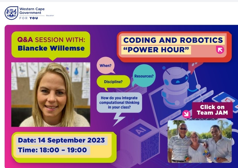Karen Dudley (@karenr_dudley18) on Twitter photo ⚠️Coding & Robotics Power Hour
● Thurssday, 14 September
● 18h00 - 19h00 wcedeportal.co.za/eresource/2372…
<a href="/WCEDnews/">WCEDNews</a> <a href="/teachingconnect/">Juan Benjamin</a> <a href="/almaret_toit/">Almaret Du Toit</a> <a href="/MathildaBotha/">Mathilda</a> <a href="/DonICT9/">Ashric</a> <a href="/FreeseJonathan/">jonathan freese</a> <a href="/WCED_CTLI/">Cape Teaching and Leadership Institute</a> <a href="/WCED_Districts/">WCED_CD Districts</a> <a href="/WCED_eCulture/">WCED eLearning</a> ⚠️Coding & Robotics Power Hour
● Thurssday, 14 September
● 18h00 - 19h00 wcedeportal.co.za/eresource/2372…
<a href="/WCEDnews/">WCEDNews</a> <a href="/teachingconnect/">Juan Benjamin</a> <a href="/almaret_toit/">Almaret Du Toit</a> <a href="/MathildaBotha/">Mathilda</a> <a href="/DonICT9/">Ashric</a> <a href="/FreeseJonathan/">jonathan freese</a> <a href="/WCED_CTLI/">Cape Teaching and Leadership Institute</a> <a href="/WCED_Districts/">WCED_CD Districts</a> <a href="/WCED_eCulture/">WCED eLearning</a>