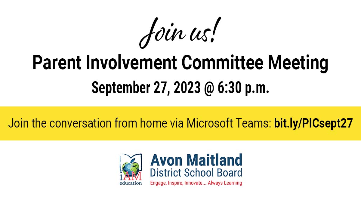 The first PIC meeting of the 2023-2024 year happens tonight! Join Director Walsh, some trustees, staff and parents from across Huron and Perth to discuss issues relevant to AMDSB families. Join virtually at at 6:30 PM: bit.ly/PICsept27.