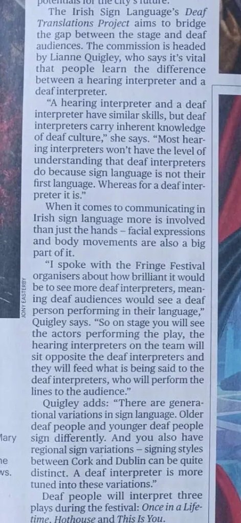 cisli_ireland's tweet photo. Groundbreaking Interpreting Team work at this years #FringeFestival lead by @liannequigley "This is you" 17th Sept 6:30pm Smock Alley Theatre #DiHi #Interpretingteam @dublinfringefest #internationalweekofdeafpeople get your tickets while they last 🎟 🎭🤟🏽 https://t.co/RfRZ6HoIik