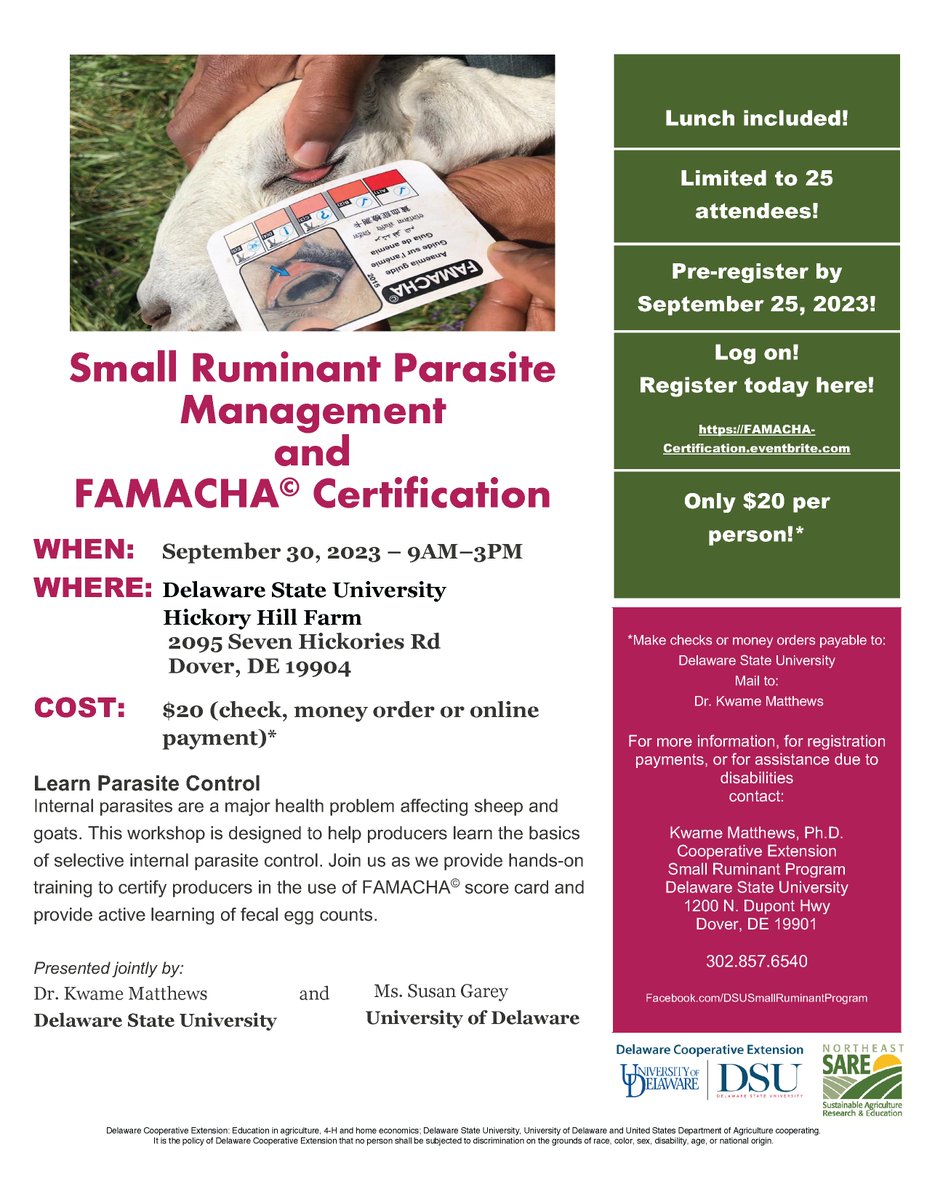 DSUAgSciTech's tweet photo. Small Ruminant Parasite Management and FAMACHA© Certification
9/30/2023 9AM - 3PM
DSU Hickory Hill Farm, Dover, DE
This workshop is designed to help producers learn the basics of selective internal parasite control for sheep &amp; goats. $20. REGISTER: https://t.co/YUljomY8D3 https://t.co/b24kgRH5HQ