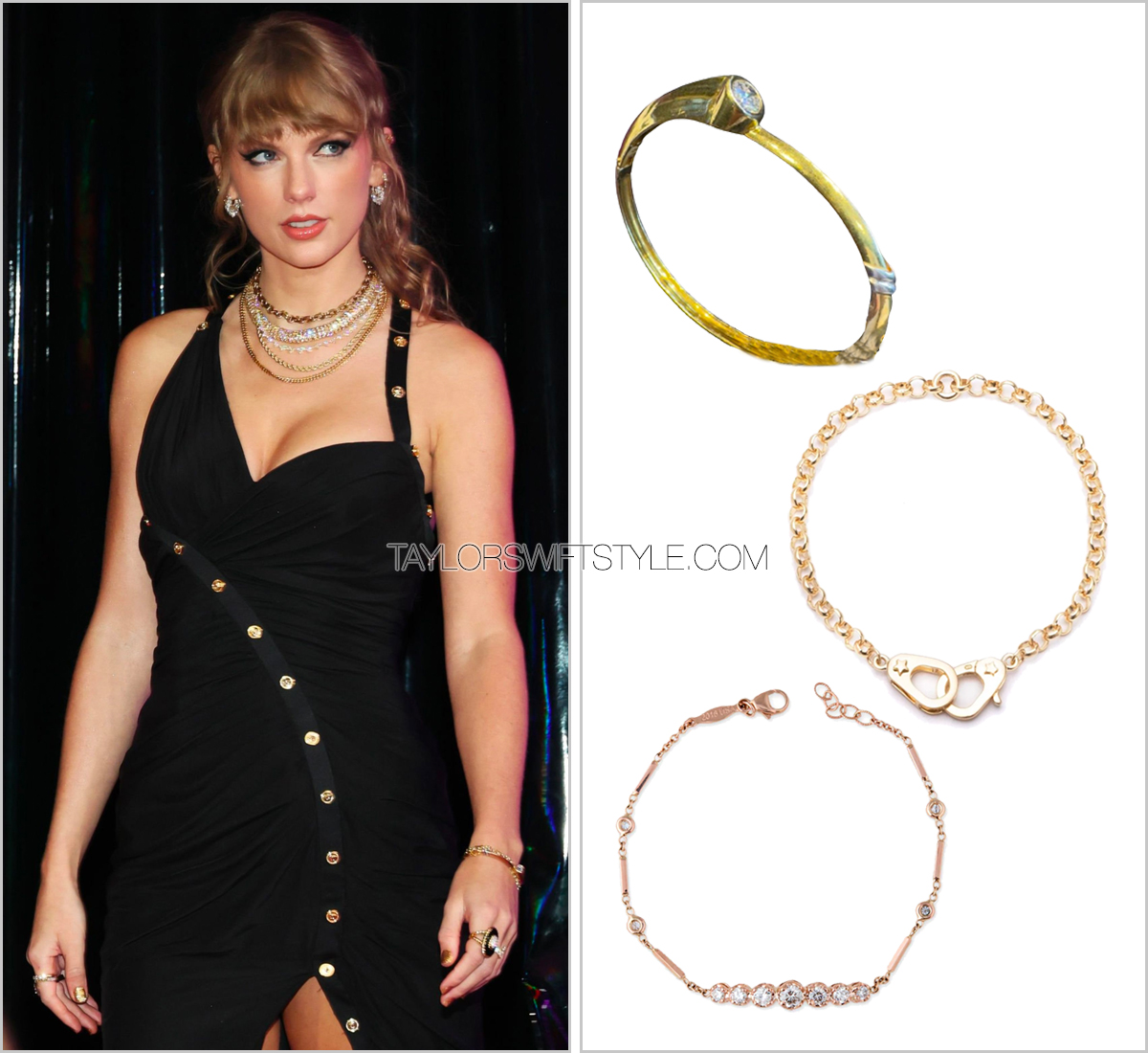 tswiftstyle's tweet photo. September 12, 2023. @taylorswift13 attends the #MTVVMAs wearing bracelets by #JacquieAiche ($5.9K), #Foundrae ($2.5K), and a vintage bracelet. No snakes here. https://t.co/bQ3Dw8Z1Gb