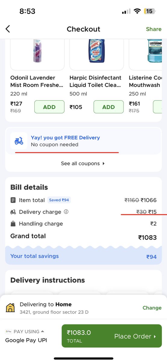 kanchisood's tweet photo. Yay! I got FREE Delivery 💃🏻😂

@letsblinkit @zomato 
#blinkit #zomato #freedelivery https://t.co/d9TQGo1w6I