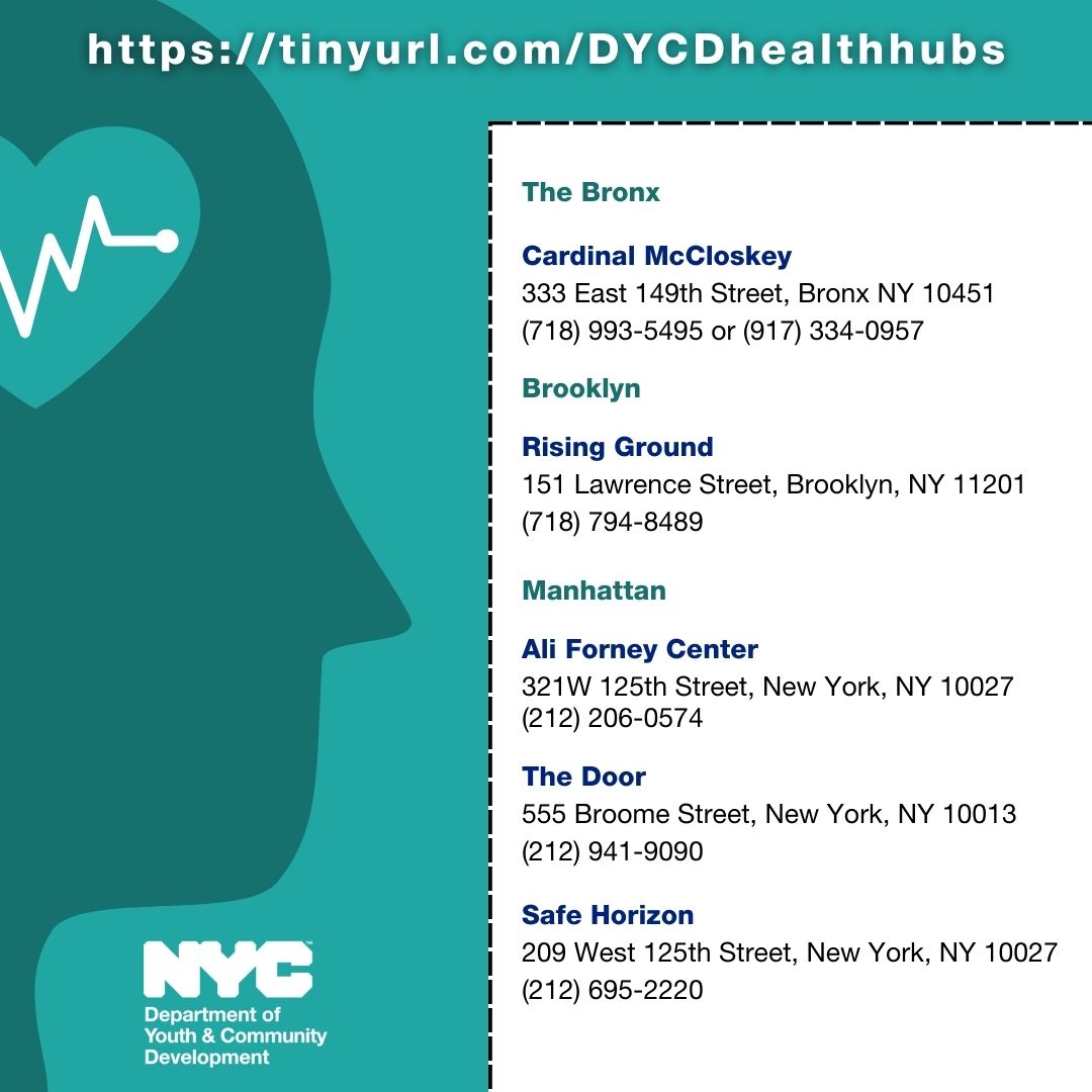 NYCYouth's tweet photo. We want you to know you are not alone. New York City provides free services all year round to support your mental and physical health. Find Health Hubs in each borough.
#nycsupport #nycyouth #mentalhealth #youarenotalone https://t.co/mC7iH6T3ks