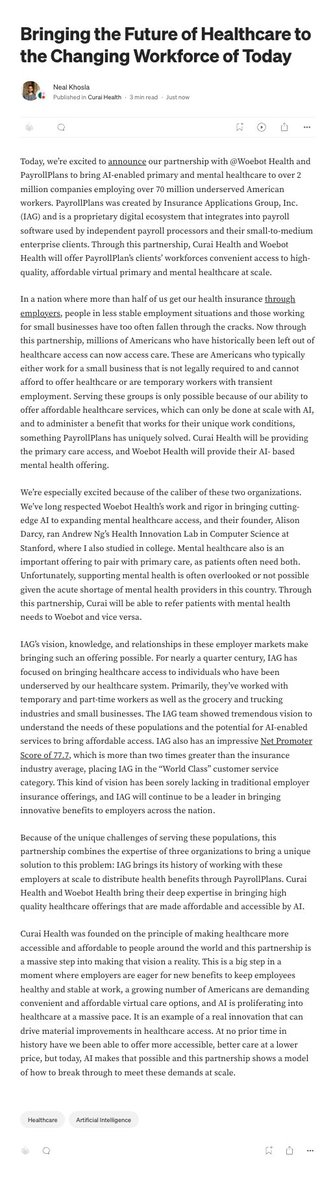 Ecstatic to announce our partnership w/ PayrollPlans and <a href="/HiWoebot/">Woebot</a>. This is the first cost effective and scalable way I've seen to bring healthcare access to 70m Americans who have been ignored by our healthcare system.

This would not be possible w/o AI. More from me below: