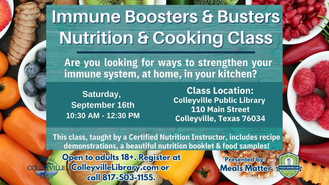 ColleyLibrary's tweet image. Join us Saturday, Sept. 16 for ways to strengthen your immune system with nutrition and cooking. Presented by the Food Saved Me Institute, attendees receive a recipe demo, food samples, and more. Event is free &amp;amp; registration is required.  See the Library website for info.