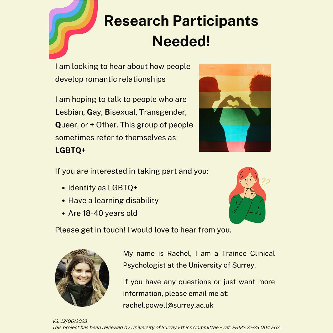 Research participants needed! Rachel, a Trainee Clinical Psychologist from the University of Surrey is looking to hear about how people develop romantic relationships. You must: 🌈 Identifiy as LGBTQ+ 🌈 Have a learning disability 🌈 Are 18-40 years old