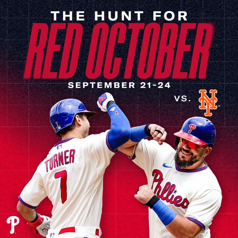 Phillies's tweet photo. Our house is the place to be! The Hunt for Red October continues on September 21-24 when the Phils host the Mets at CBP.