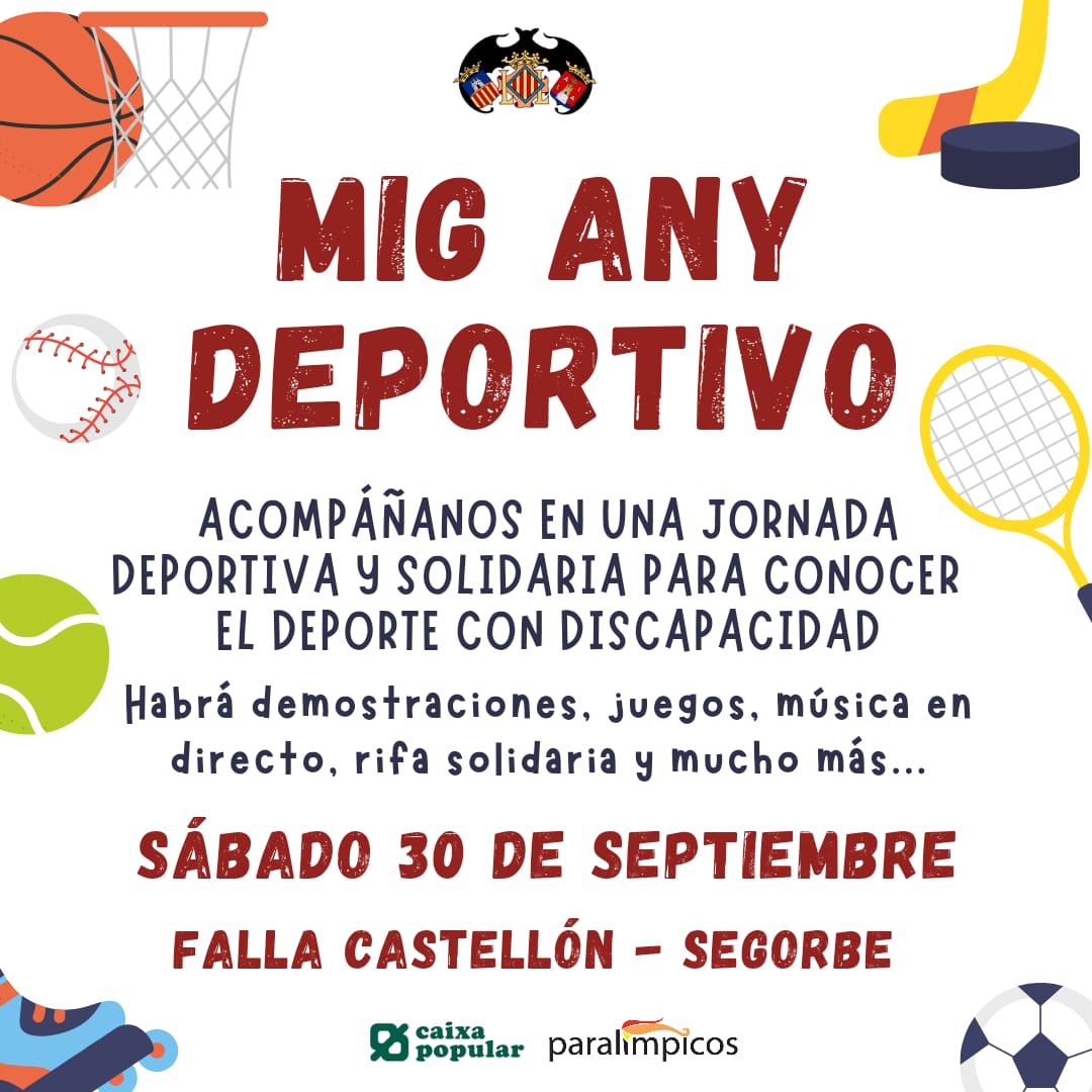 Acompañanos en una jornada para conocer y celebrar el deporte con discapacidad.
Estamos preparando demostraciones de clubes deportivos, juegoa, comida, música en directo y una gran rifa solidaria #castellonsegorbe2024 #proyectoparalimpicos2024  #femfalla #fallaparalimpica2024