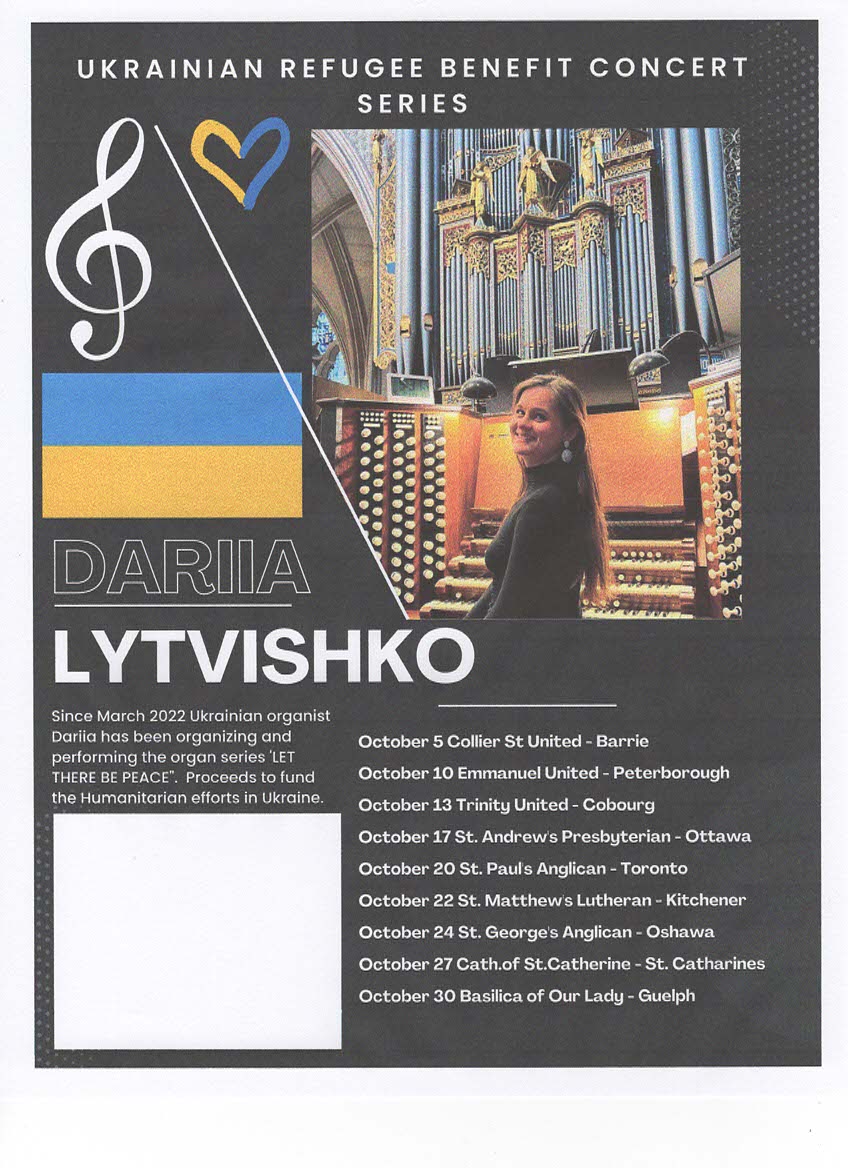 RCCO_CRCO's tweet photo. Dariia Lytvishko, a 27-year-old virtuoso organist hailing from Lutsk, Ukraine, is set to embark on a remarkable musical journey throughout Southern Ontario. This tour, comprising nine benefit concerts, is a heartfelt gesture of solidarity and support. https://t.co/hIkTgMHQDD
