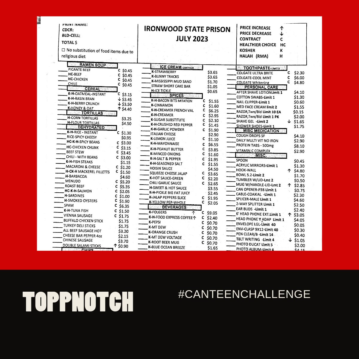 toppnotchinc's tweet photo. Could you make it on $100 a month? Join me in the #CanteenChallenge to see if you could survive prison life with just the basics. #PrisonLife #InmateInk #JusticeThroughJournaling #IncarcerationInspiration 🍽️💰🔐 https://t.co/98ZnDvfRWt