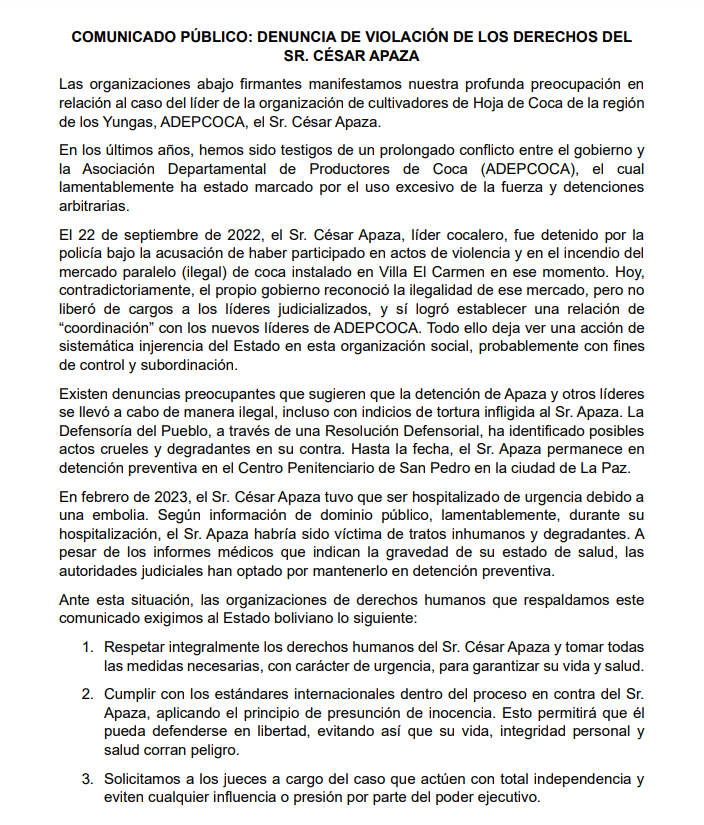 cedib_com's tweet photo. Exigimos al Estado boliviano respetar integralmente los #DDHH del Sr. César Apaza, líder #ADEPCOCA, y tomar todas las medidas necesarias, con carácter de urgencia, para garantizar su vida y salud.
¡Lee el comunicado!
https://t.co/uCABz9jeHk
@Oacnudh_BO @contiocap @ojmBolivia @derechosenaxion @fconstruir @DPLF_info
@WOLA_org @ABARuleofLaw