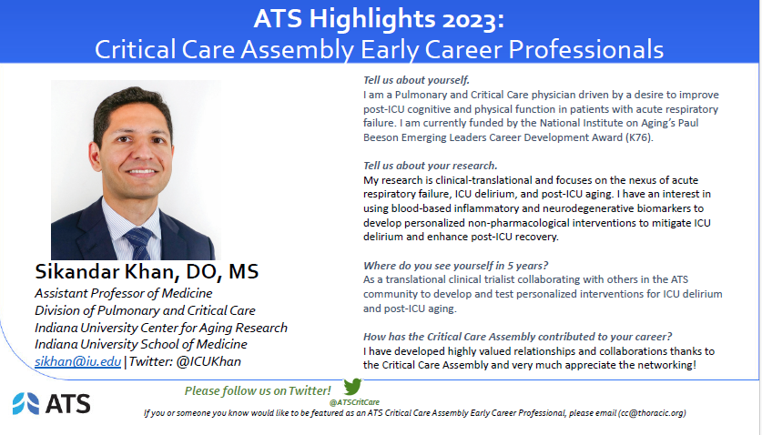 🥳We have a new @ATSCritCare ECP Highlight! 🥳 Learn more about Dr. Khan: thoracic.org/members/assemb… @ICUKhan @atsearlycareer #highlight