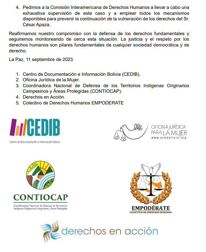 cedib_com's tweet photo. Exigimos al Estado boliviano respetar integralmente los #DDHH del Sr. César Apaza, líder #ADEPCOCA, y tomar todas las medidas necesarias, con carácter de urgencia, para garantizar su vida y salud.
¡Lee el comunicado!
https://t.co/uCABz9jeHk
@Oacnudh_BO @contiocap @ojmBolivia @derechosenaxion @fconstruir @DPLF_info
@WOLA_org @ABARuleofLaw