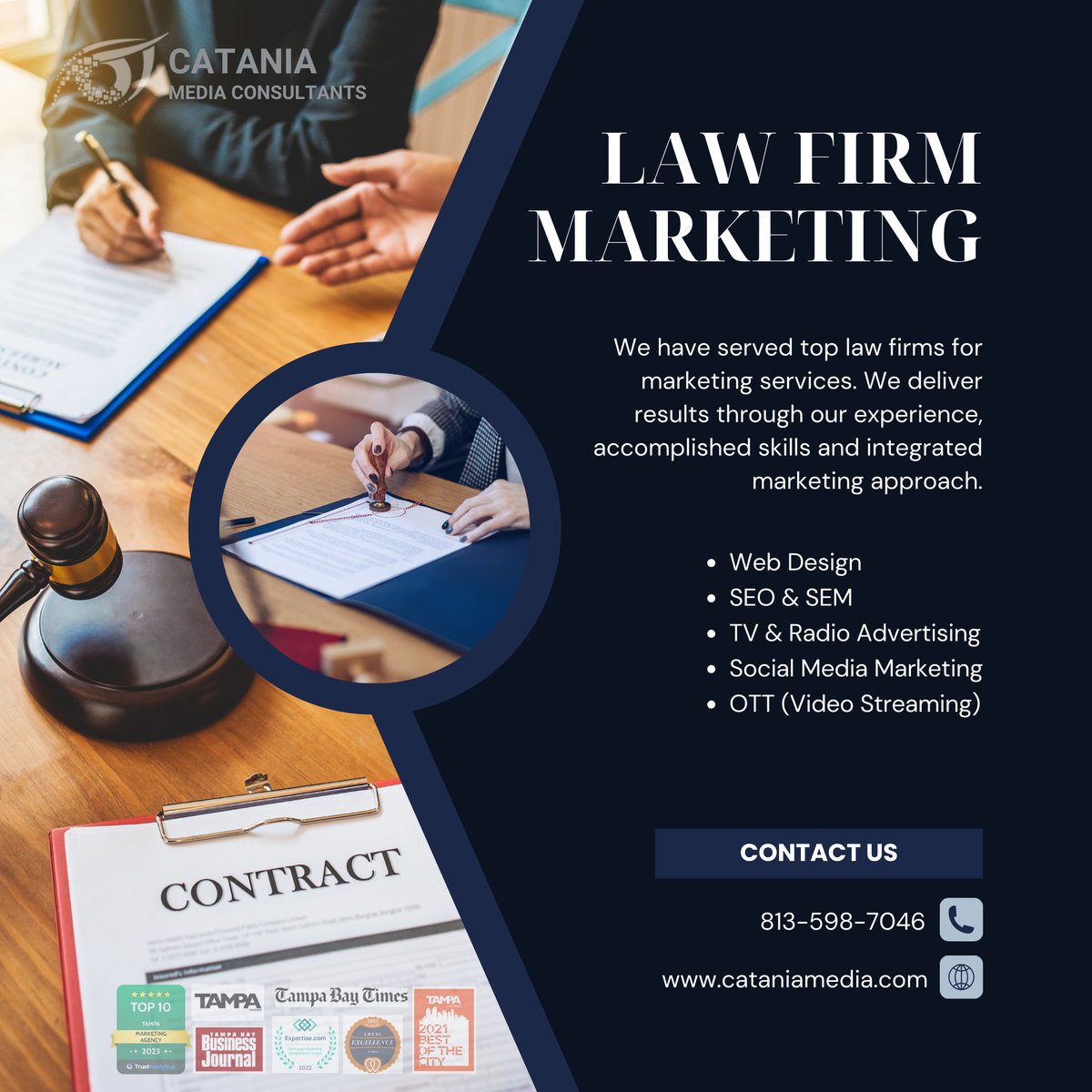 Overwhelmed by Digital Marketing?
The local experts at Catania Media Consultants can help.

Book your appointment NOW!
Office: 813-939-3102
Cell: 813-598-7046
cataniamedia.com

#lawfirmmarketing #digitalmarketingforlawfirm #LawFirmSEO #lawfirmwebdesign #lawfirmppc