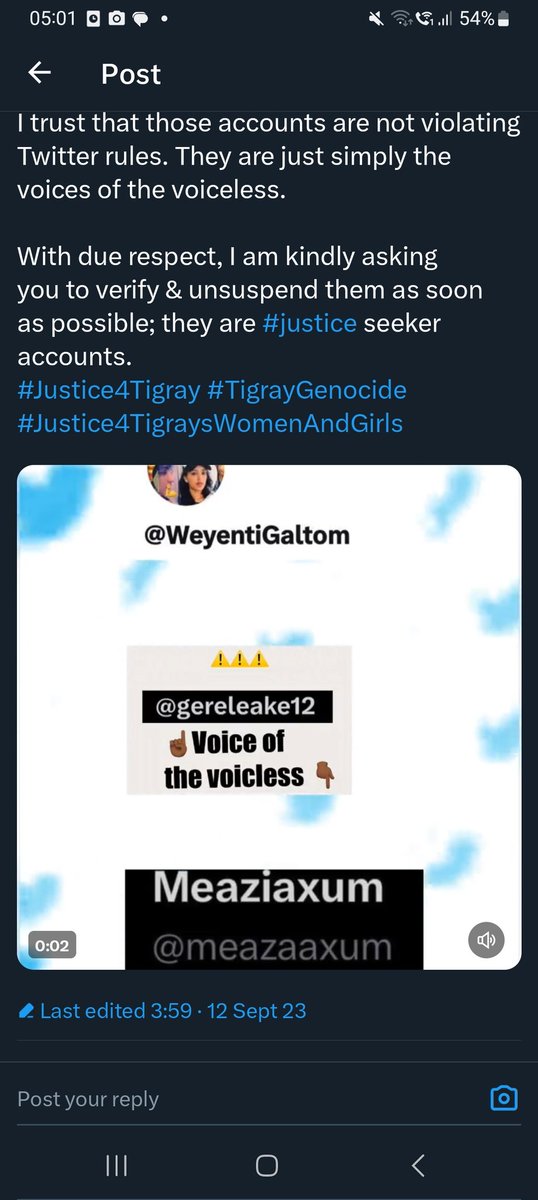 Dear ⤵️
@X @XCreators 
@elonmusk
@ElonMuskAOC
@XSpaces
@TwitterDesign 
why Suspending accounts of the justice seekers' Twitter accounts❓❓
we are asking you to verify and unsuspend @meazaaxum @WeyentiGaltom @Selushire,@welduytbarek & @gereleake12’s accounts. #Justice4Tigray #Mag