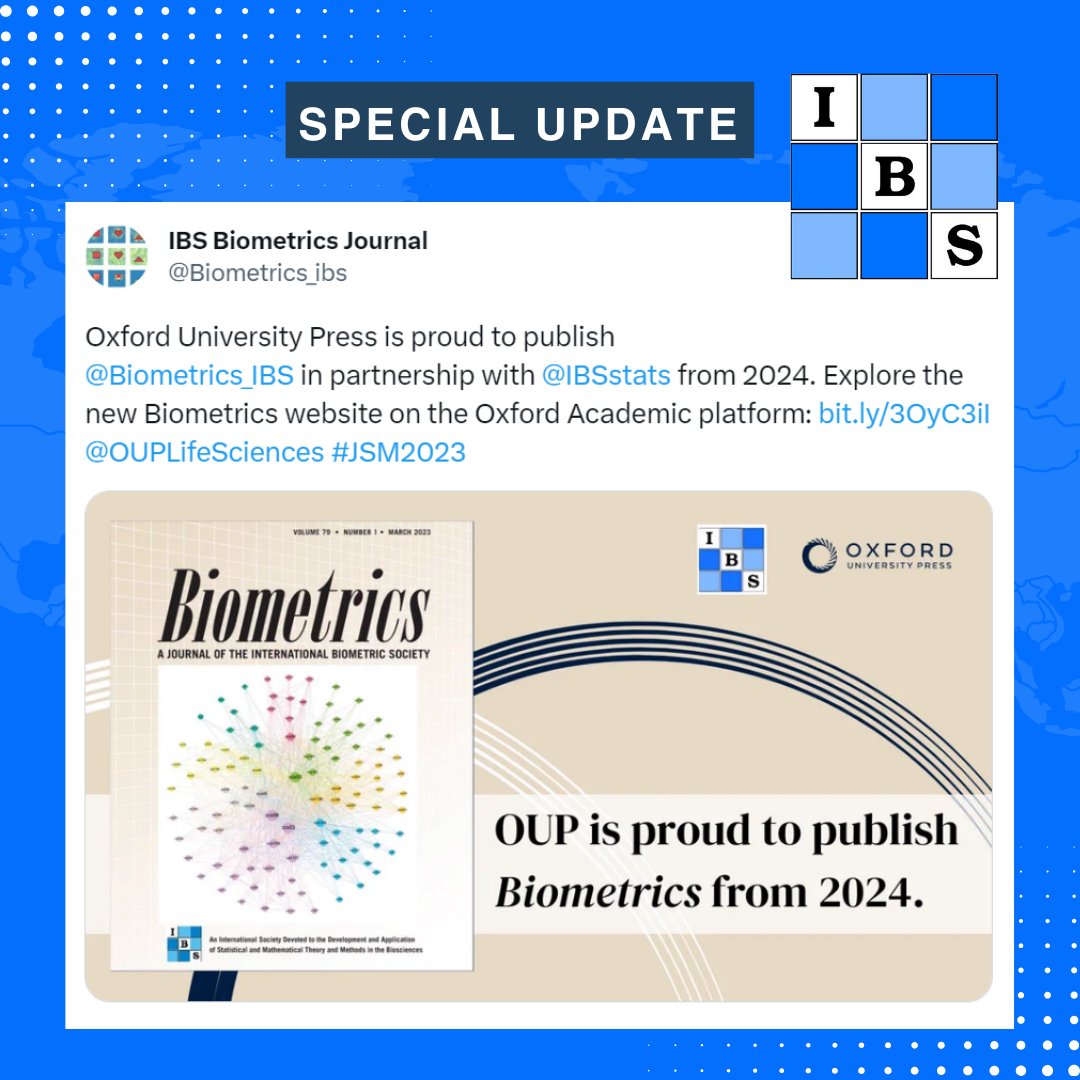 IBS is pleased to inform you that as of 1 January 2024, the IBS journal, Biometrics, @Biometrics_IBS will be published by Oxford University Press. Watch for details in the future and explore the platform here: bit.ly/3OyC3iI #biometrics