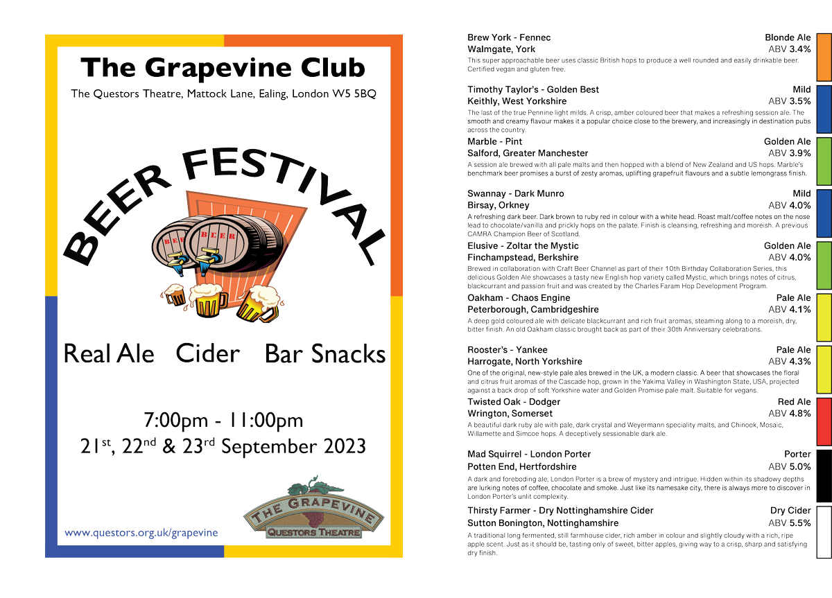 TheRealBenHart's tweet photo. The Grapevine Club at The Questors Theatre is holding it's annual Beer Festival during @caskaleweek. All Cask Ale and Real Cider within the Beer Festival will be £3.60  Pint / £1.80 Half Pint. @WMDX_CAMRA @CAMRA_London https://t.co/37VVwO3HSg