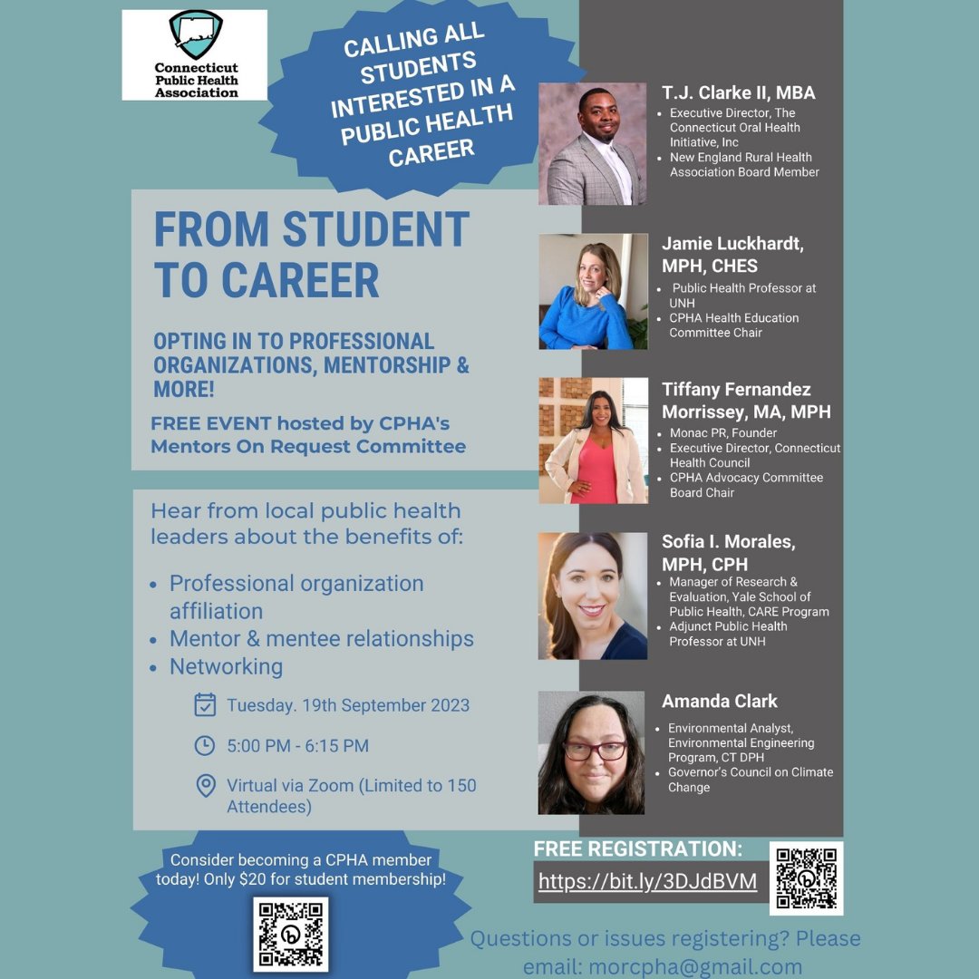 This Tuesday, September 19th, CPHA is hosting a mentorship webinar on Zoom from 5 pm to 6:15 pm.
This FREE event is a great opportunity to meet people in the field, connect, and hear their stories. Please read the flyer and use the link or QR code provided to Register!