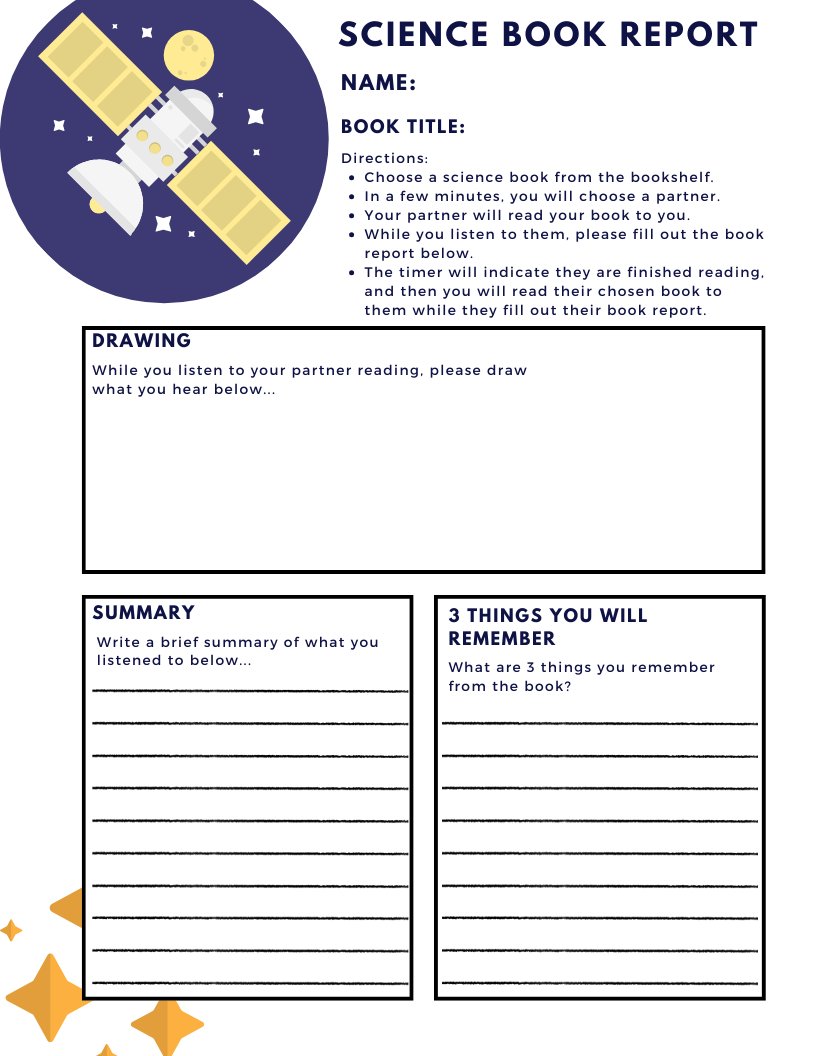 This resource is my free science book report where students complete the report with the help of a partner by listening to their chosen book being read to them. #classroomresources #teacherresources #bookreport #elementary #middleschool #worksheets #science #education
