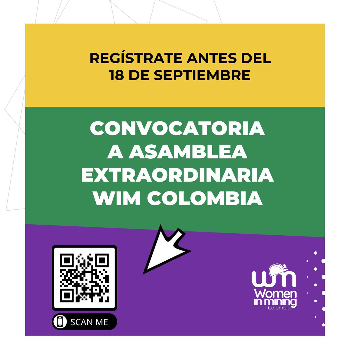 WIMColombia's tweet photo. #Agéndate @WIMColombia te invita a la Asamblea Extraordinaria de asociados y asociadas que se realizará el

🗓️20 de septiembre 
🕔5:00 p.m 

Para participar, debes registrarte antes del 18 de septiembre en el siguiente link https://t.co/3qZ5iDiVHz

#WIMColombia https://t.co/BduJZFlIZ0