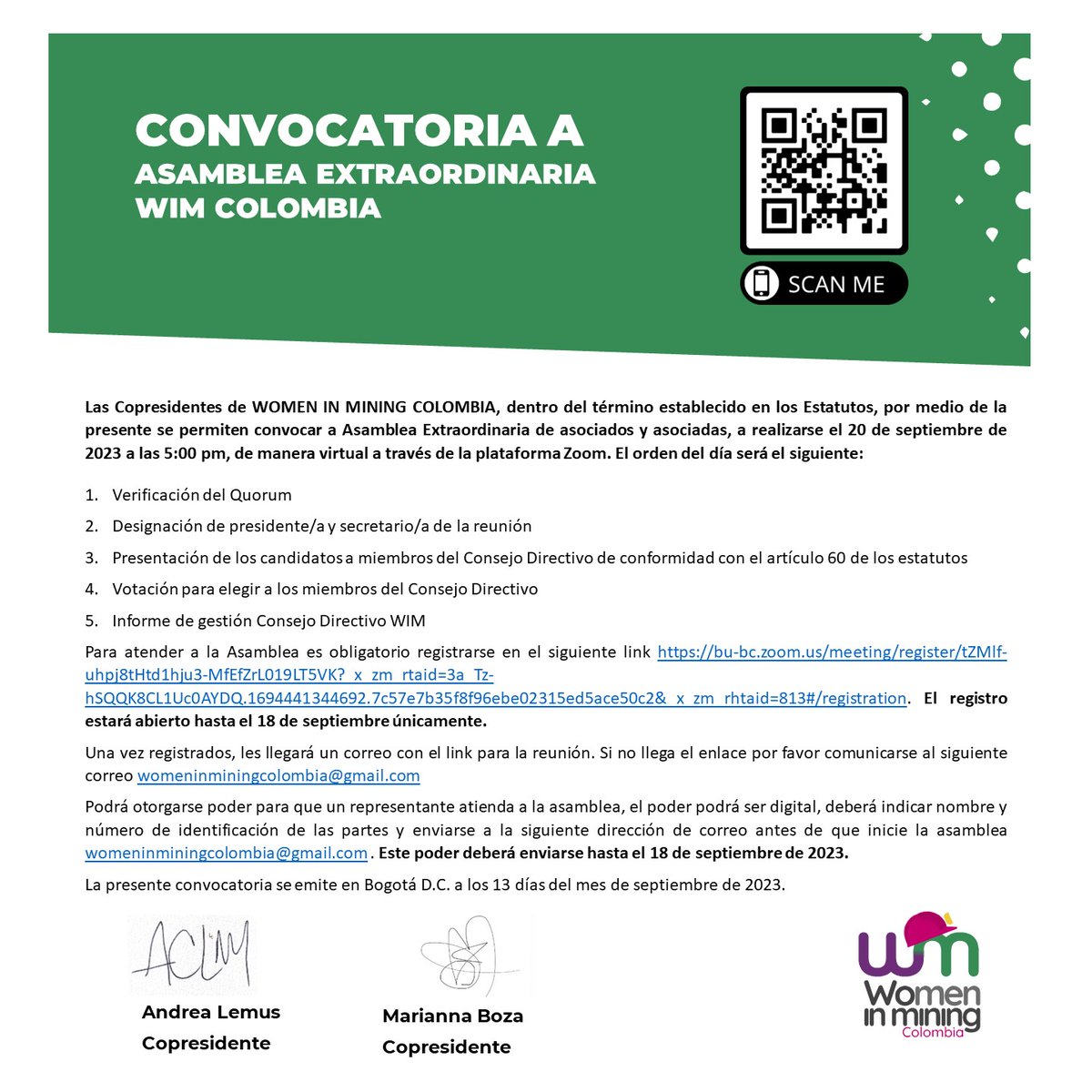 WIMColombia's tweet photo. #Agéndate @WIMColombia te invita a la Asamblea Extraordinaria de asociados y asociadas que se realizará el

🗓️20 de septiembre 
🕔5:00 p.m 

Para participar, debes registrarte antes del 18 de septiembre en el siguiente link https://t.co/3qZ5iDiVHz

#WIMColombia https://t.co/BduJZFlIZ0