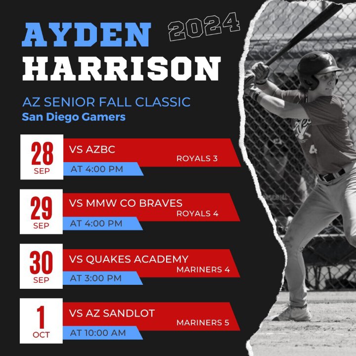 AydenHarrison44's tweet photo. My @AZFallClassic Senior (2024) Schedule. I will also be participating in the Academic Tryout on Sept. 28 @SDGamersBB #uncommitted #uncommitted2024 https://t.co/Y3BYOwitRT