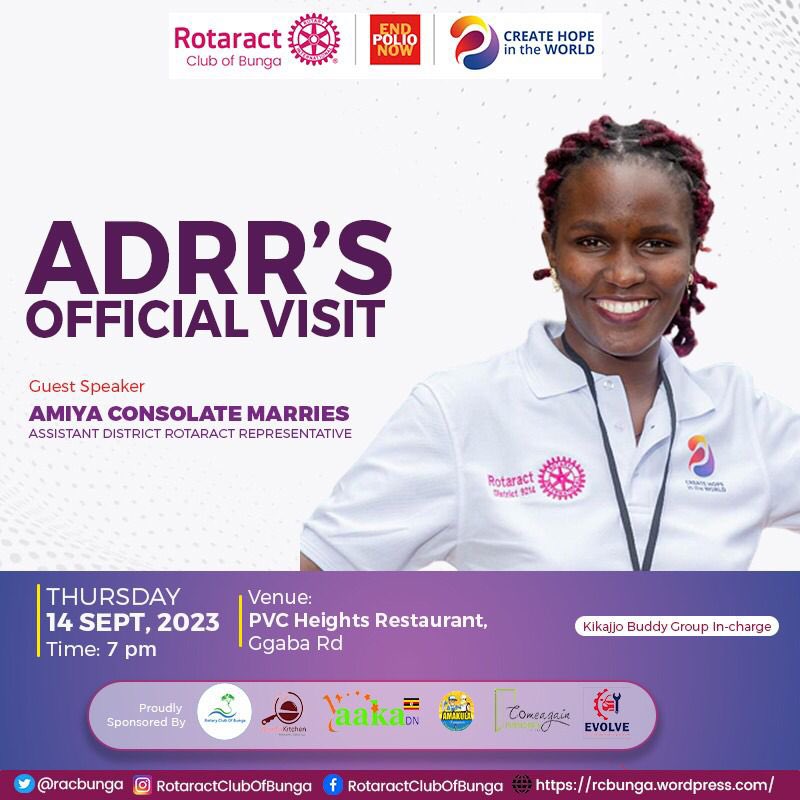 racbunga's tweet image. Greetings Partners-in-service, 
It’s the *ADRR’S OFFICIAL VISIT!!*👩‍⚖️

Rotaract Club of Bunga with pleasure invites you this Thursday as we host ADDR Amiya Comsolate Marries

Don’t miss🤗

⏰ 7pm
🗓️ 14th September 2023
📍PVC heights Ggaba 

#Vibesetters
#EndPolio
#CreateHope
