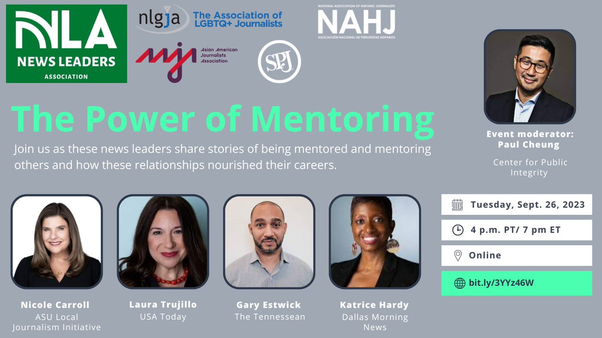 Join us on September 26 at 4 p.m. PT/ 7 p.m. ET for a free event with news leaders on the importance of mentoring. Brought to you by @NLA, @AAJA, @SPJ, <a href="/NAHJ/">NAHJ</a> and @NLGJA. You don’t want to miss it! Register today at bit.ly/3YYz46W.