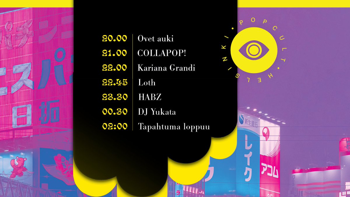 popcultfi's tweet photo. Popcult Nights ohjelma kokonaisuudessaan! 🌙 

Ovet aukeavat klo 20.00 ja illan aloittaa tanssimedley COLLAPOP! Viihdettä on tiedossa pitkälle aamuyöhön asti ja ovet ovat auki kävijöille aina klo 2.00 saakka. 🎉 

Kenen esitystä sä odotat eniten? 👀 #popcultfi #popcultnights https://t.co/xMcU8Wh2OU