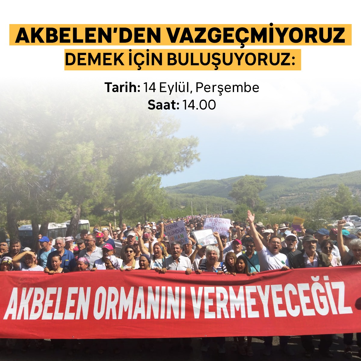 📢Akbelen İçin Acil Dayanışma Çağrısı

12 Eylül sabahı kolluk güçlerinin hukuka aykırı müdahalesi ile nöbet alanımız boşaltıldı.

Yarın bu hukuksuzluğun tespiti için heyet tarafından keşif yapılacak. Herkesi #AkbeleniTerketmiyoruz sesini yükseltmeye, dayanışmaya çağırıyoruz! ✌🏼🌿